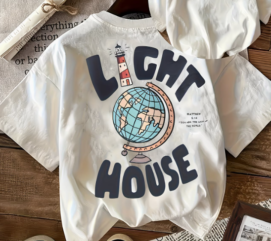 灯台プリントTシャツ、春/夏カジュアル快適ラウンドネック半袖レディーストップ