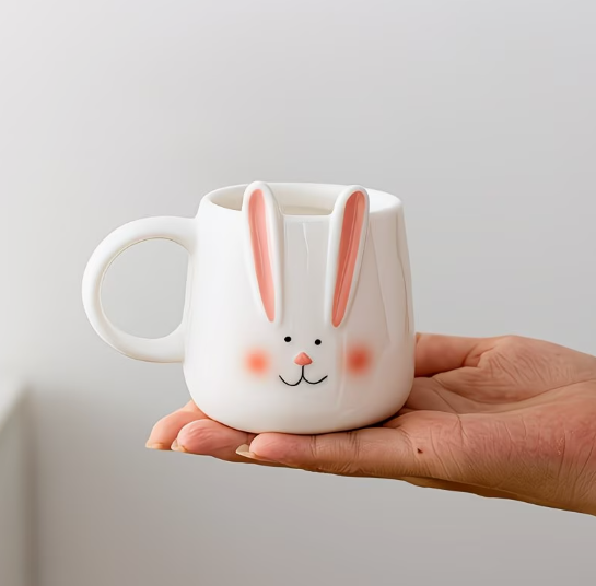 3Dウサギ耳マグカップ、ソフトでキュートなガールズハートセラミックカップ、朝食コーヒーカップ、キュートなスタイル、イースター、バレンタインデー、ギフト